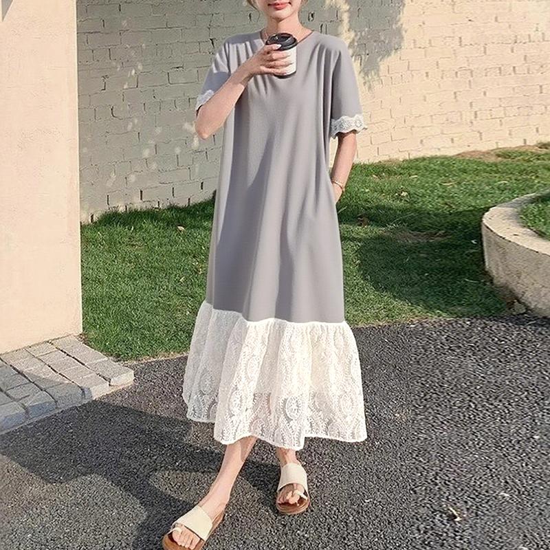 

ZANZEA Women Lace Splice Casual Round Neck Short Sleeve Long Dress 5XL серый
