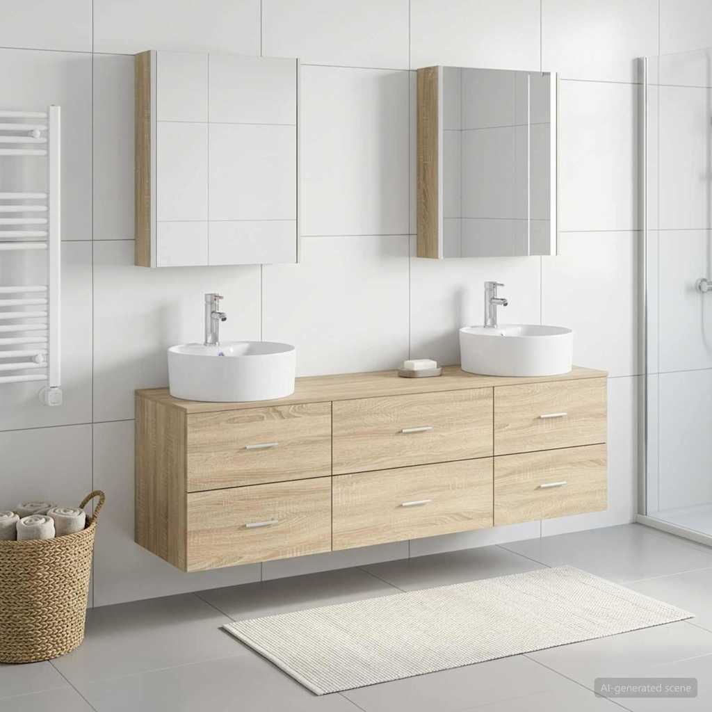 5 Piece Bathroom Furniture Set Sonoma Oak Engineered Wood and Glass