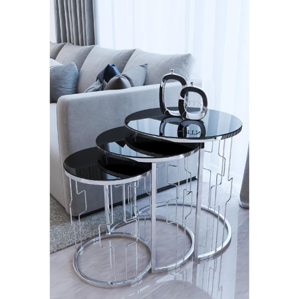 Square Wire 3-seat Nesting Table Silver Plated Black Tempered