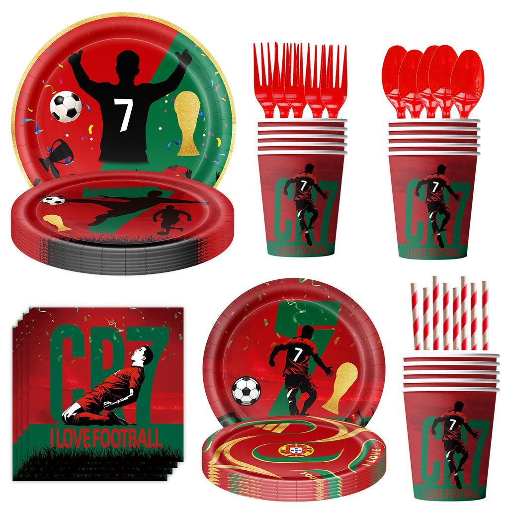 CR7 World Cup Star Fan Party Set: Plates, Cups, Napkins, Tablecloth, Banner & Decorations.