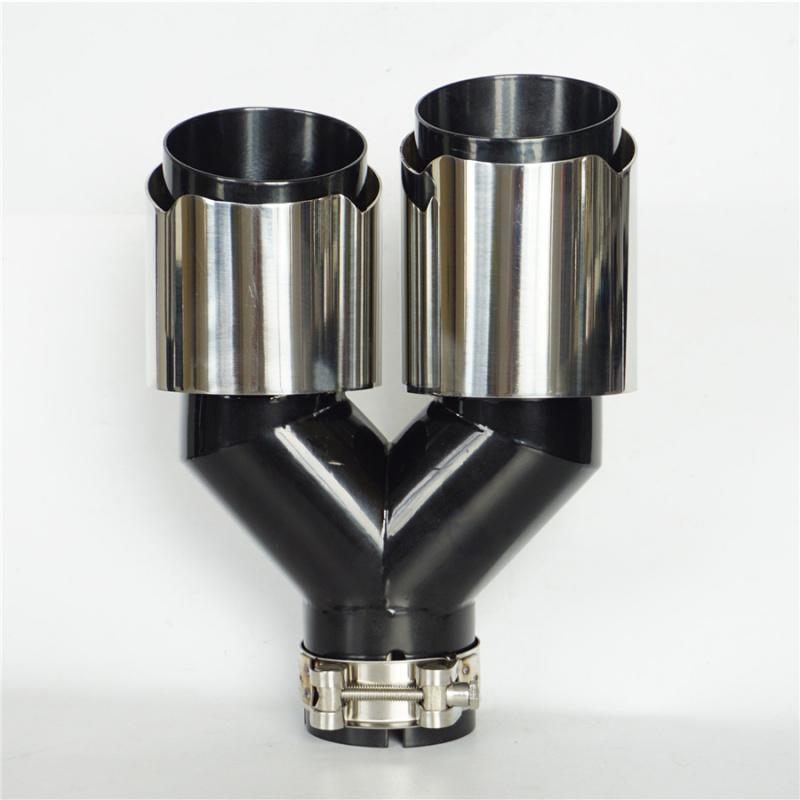 Universal Left 63mm Inlet 89mm Outlet Glossy Chrome Car SUV Dual Exhaust Pipe