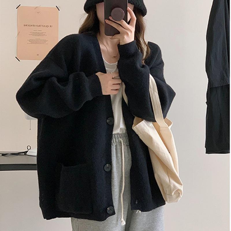 

Осень Зима Однотонный Свободный Повседневный Кардиган Вязаное Пальто Женское V-образный вырез Все-в-одном Карман Верхняя одежда Топ onesize чёрный