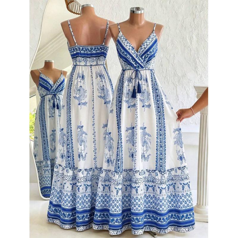Europe, America 2026 summer new ethnic style bohemian vacation style long beach dress XS синий