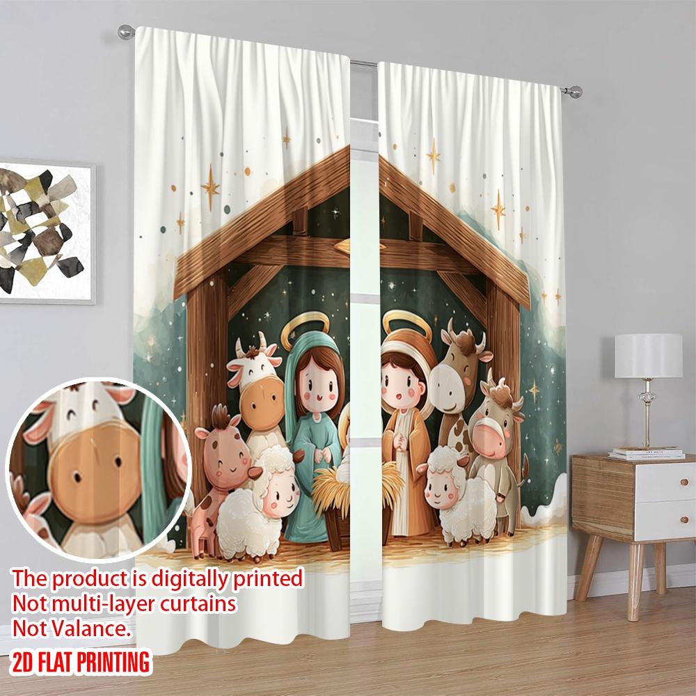 2pcs,2D plane printing Popular Curtains Christmas Nativity Scene Versatile 100% Polyester (without rod) Outdoor Decorations