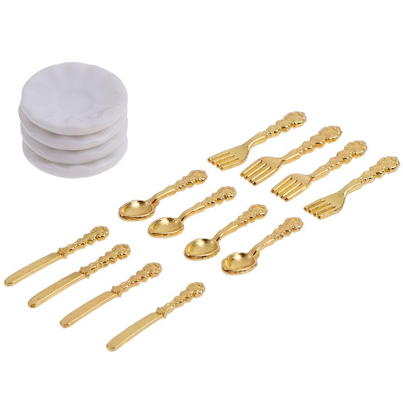 12Pcs/Set Vintage Dollhouse Miniatures Tableware Ceramic Plate Knife Fork Spoon