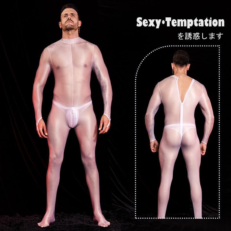 Tuta da uomo sexy, collant lucidi e lucidi, maniche lunghe, tute elastiche alte, body esotico, tuta sottile e trasparente, calze autoreggenti