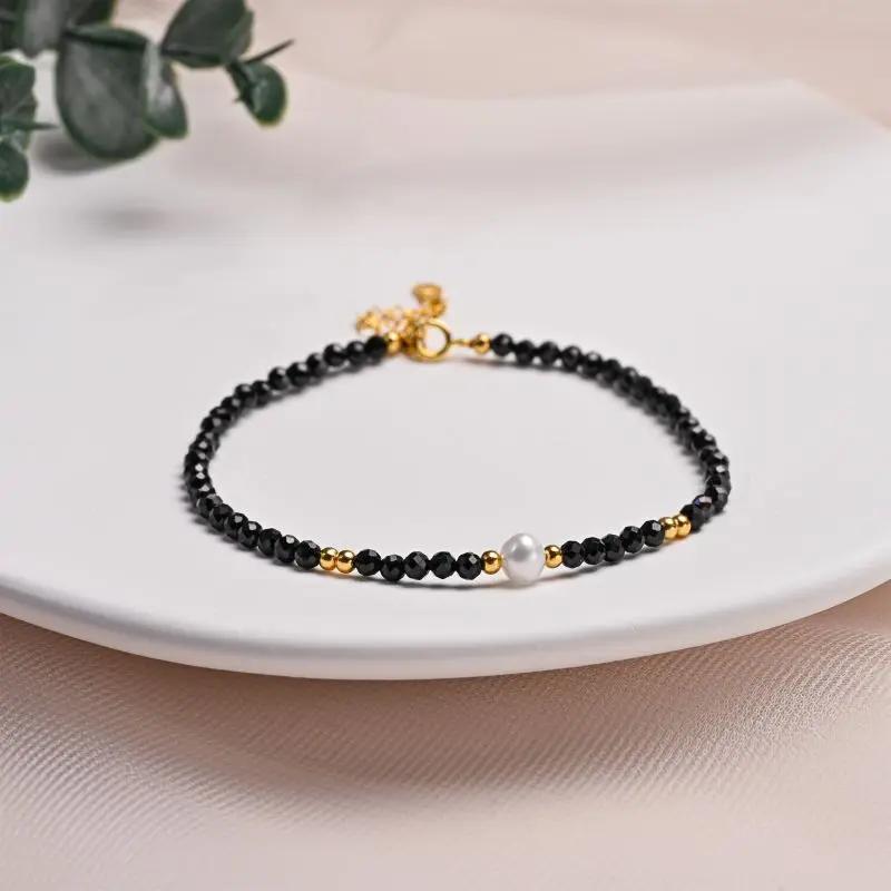 HENGSHENG White Freshwater Pearl Bracelet with Black Spinel Natural Crystal S925 Sterling Silver Bracelet for Women Jewelry Gift