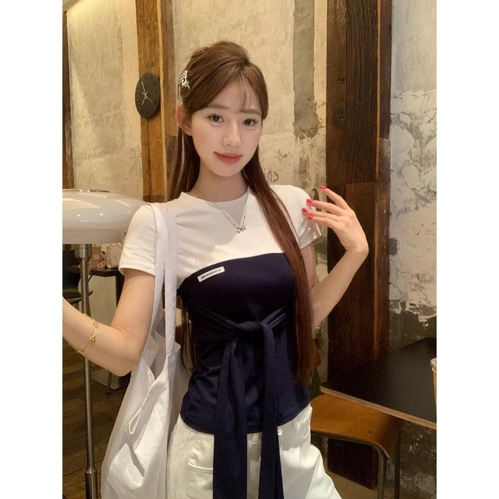 Patchwork Contrast Color Strapped Short-sleeve T-shirt Women New Summer Slim Short Top Pure Desire Style