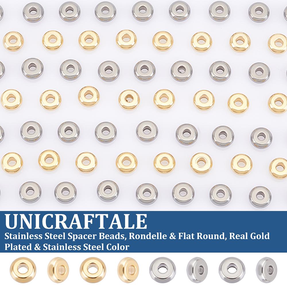 100Pcs 2 Style 304 Stainless Steel Spacer Beads, Rondelle & Flat Round, Real Gold Plated & Stainless Steel Color, 5x2mm, Hole: 1.5mm, 50pcs/style