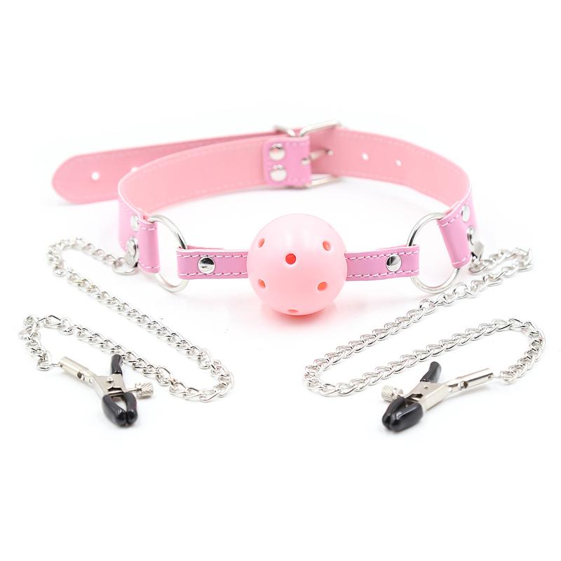 PU Leather Oral Sex Toy with Chain Clip Breast Nipple Clamps Bondage Harness Adult Game - Erotic Toy Mouth Gag Ball
