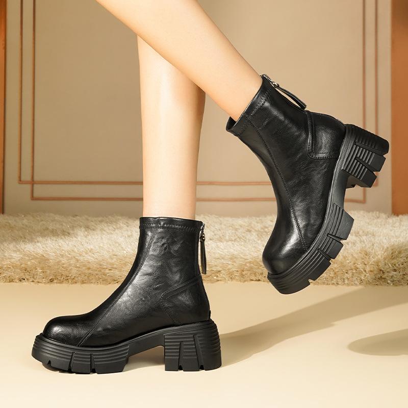 Fashion 7CM Fashion Women's Ankle Boots High Heel Round Head Thick Heel Back Zipper Fashion Boots British Style Platform Shoes Women