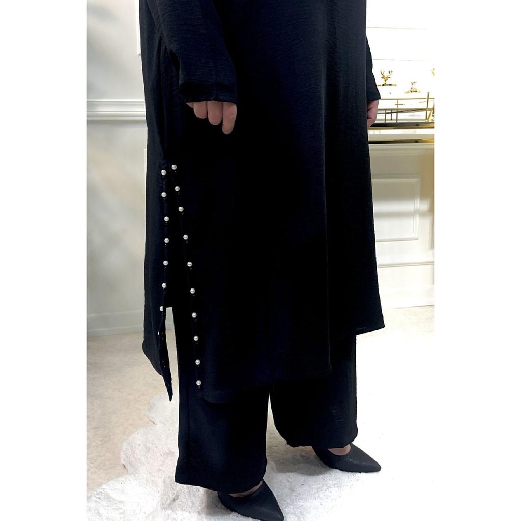Large Size Pearl Suit With Slits On The Sides - Black