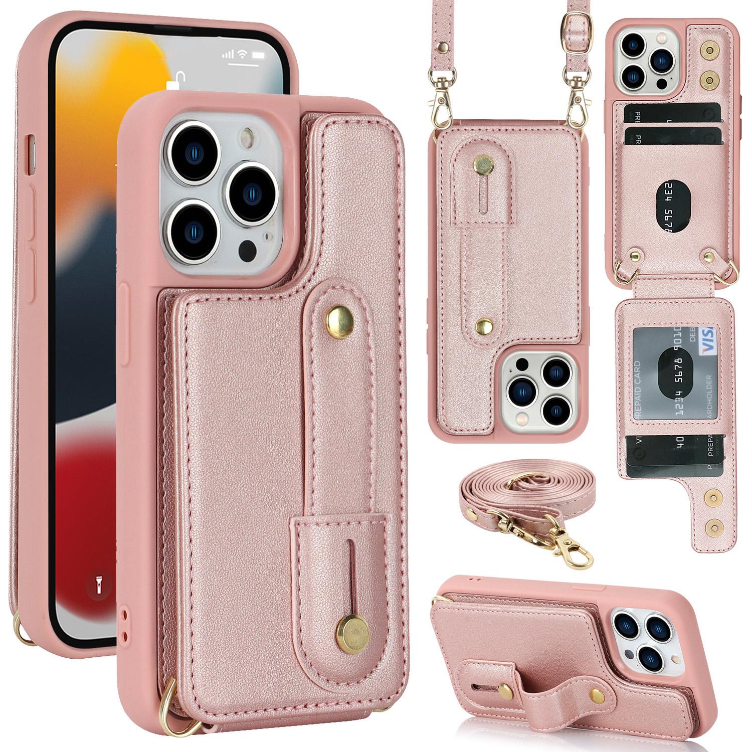 

For iPhone 16 Pro Case Kickstand Card Slots Leather Coated TPU Cover with Shoulder Strap D