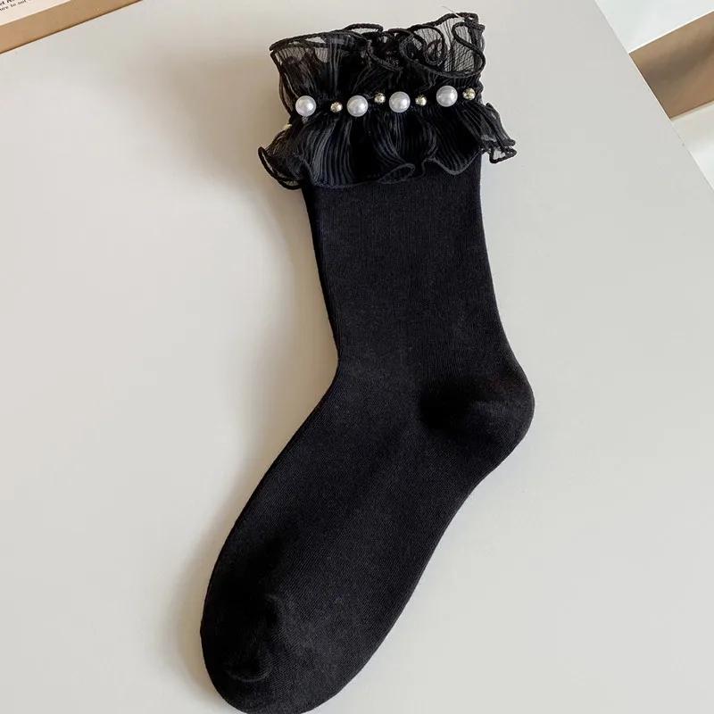 Wpmem'S Summer Spring Cotton French Sweet Style Jk Lace Midtube Socks Organza Fashion Wooden Ear Pile Pile Socks Pearl Stockings