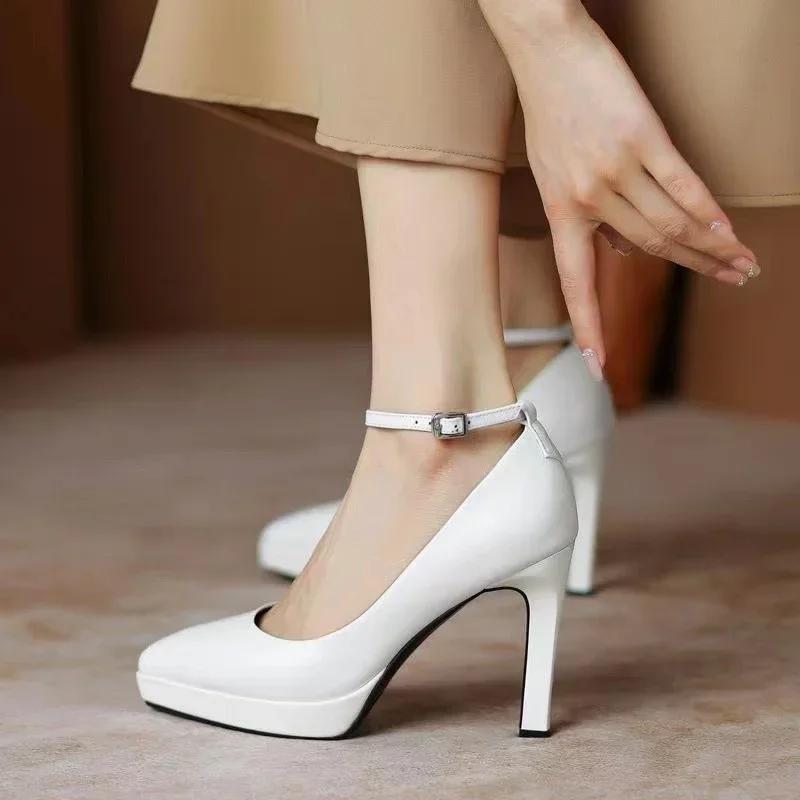Fashion New White High Heels Women Spring Ankle Straps Pointed Toe Platform Casual Shoes for Women Classic Comfortable Women Work Shoes