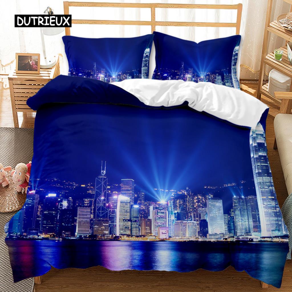 

City Building Duvet Cover Set Famous Building Theme Comforter Cover Teens Adults Double Queen King Size Polyester Qulit Cover (as the picture-11331-)-EU single(135x200cm)