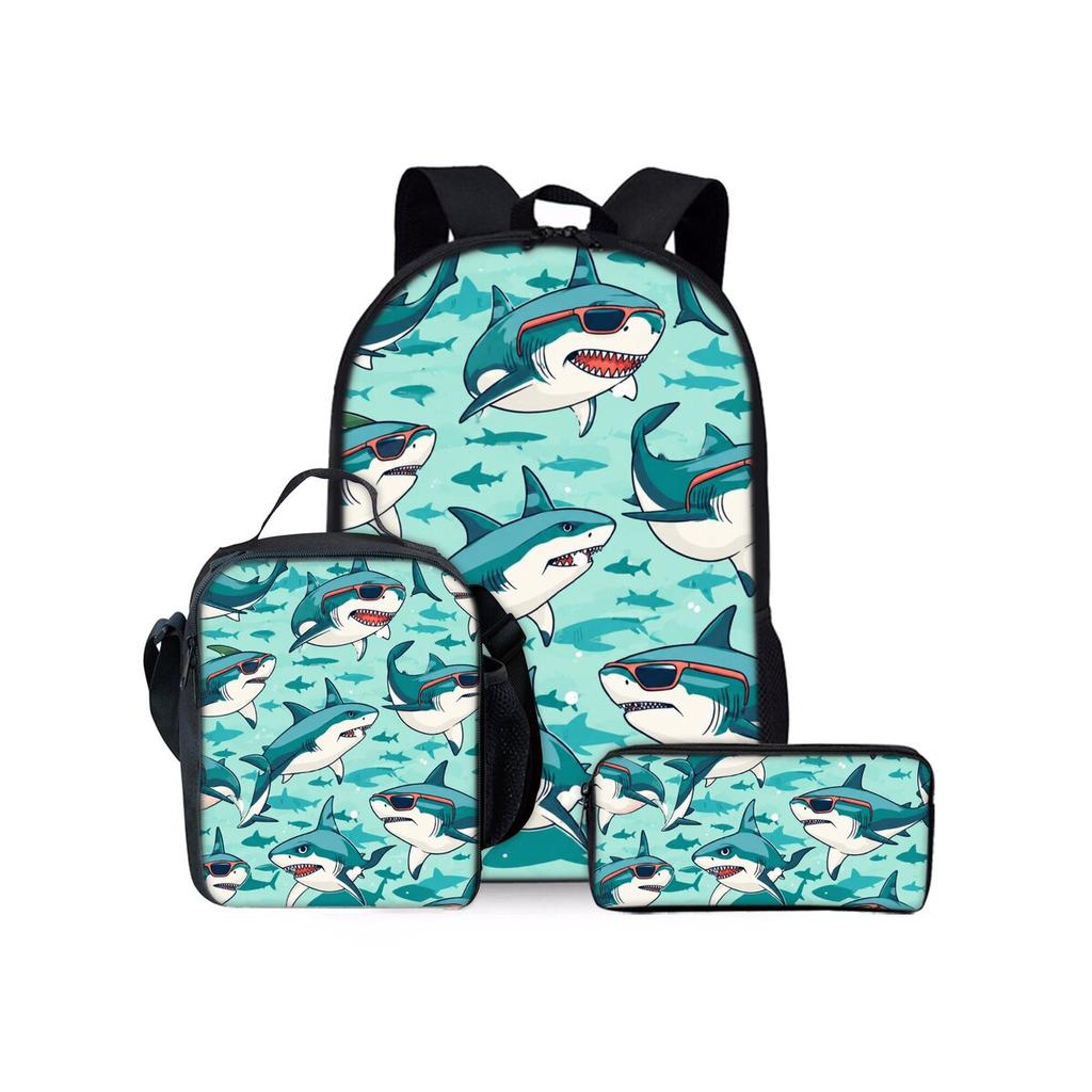 Hai Meeresmotiv Dreiteiliges Rucksäcke Set für Jungen und Mädchen Beste Geschenke 2D Flache Cartoon Schultasche für Kinder