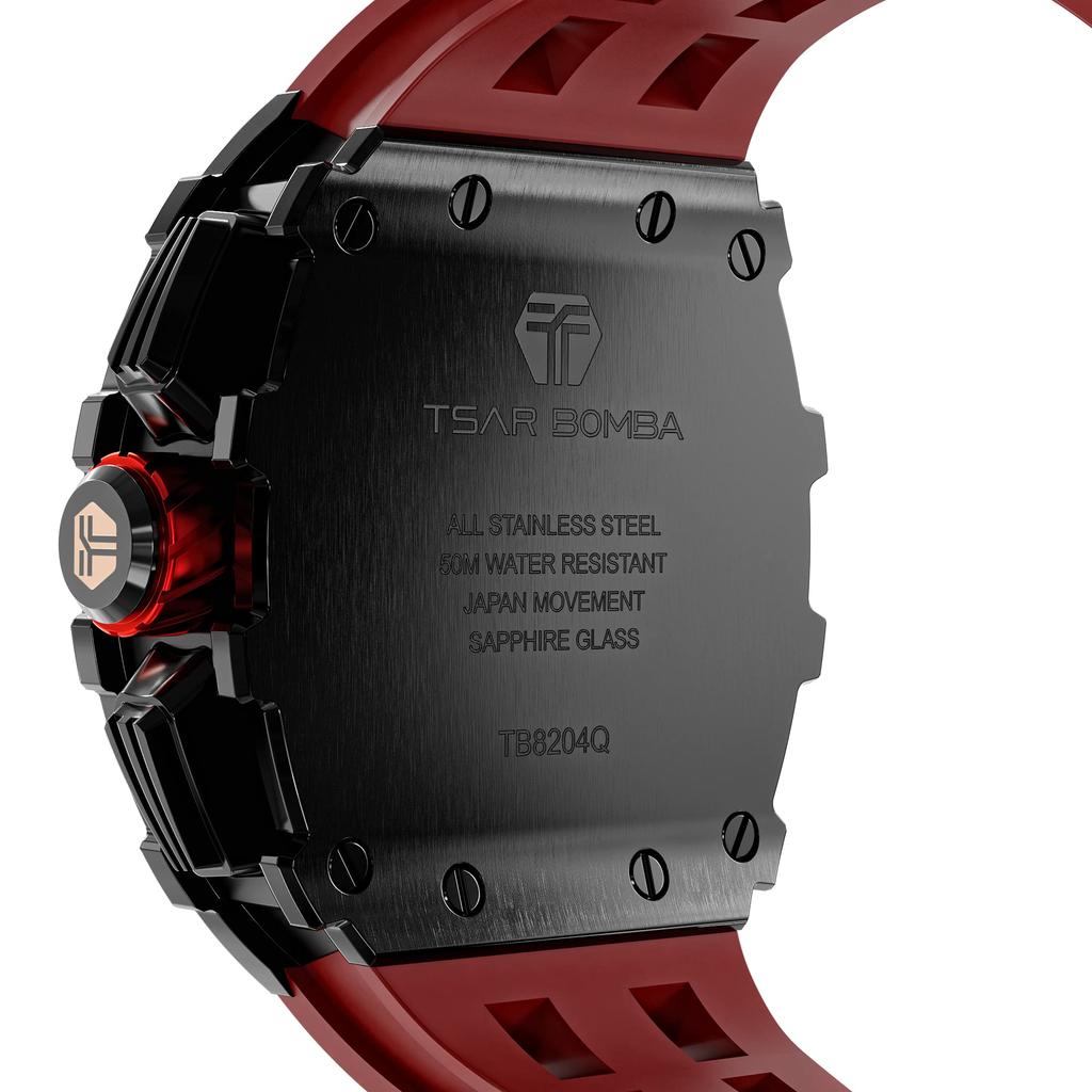 TSAR BOMBA 5 ATM Water Tonneau Stainless Barrel Men's Wristwatch, Resistant, Shape, Steel, Business, Sports, Luxury, Fashion, Casual, Shape, Black/Red