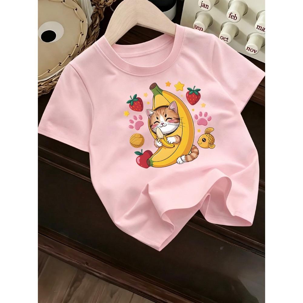 Children's Summer T-shirt, Soft and Skin-friendly, Loose and Comfortable, Cute Cat Print Short Sleeves