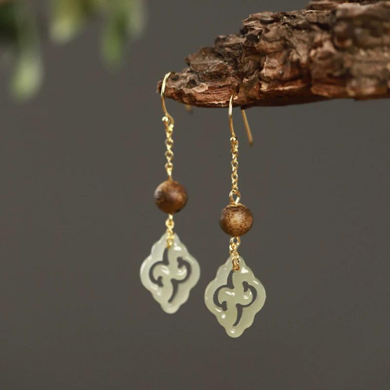 Handmade Chinese-Style Hetian Jade & Agarwood Earrings with Ear Hooks - Versatile Design for Women