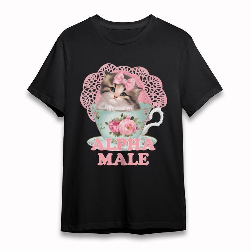 Women's Plus Size Comfortable Classic T-Shirt Pink Bow Kitten Tea Cup Whimsy Tee