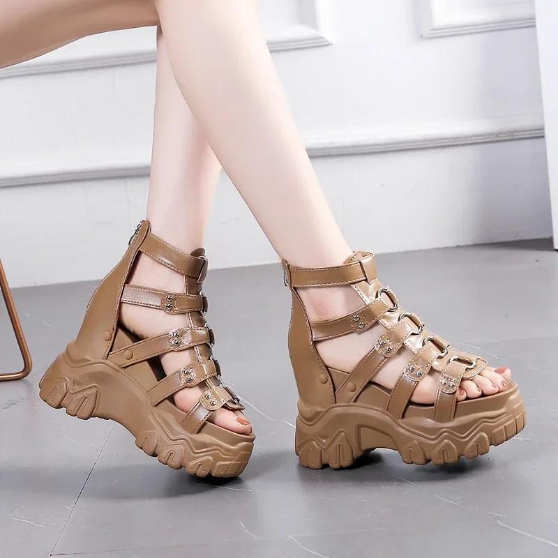 Fashion 11CM Classic Thick Bottom Gladiator Shoes Woman Summer Chunky Sneakers High Platform Sandals Hollow Out Wedge Heels Sandalias