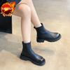 Round Toe Chunky Woman Short Shoes Autumn Winter Leather Waterproof Booties Fleece-Lined Ankle Boots for Women High Quality Boot