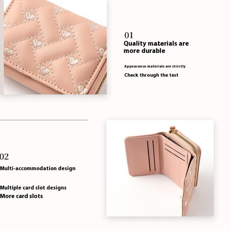 Women'S Wallet Tri Fold Card Bag Pu Multi Objects Pocket Short  Embroidered Love Pattern Korean Minimalist