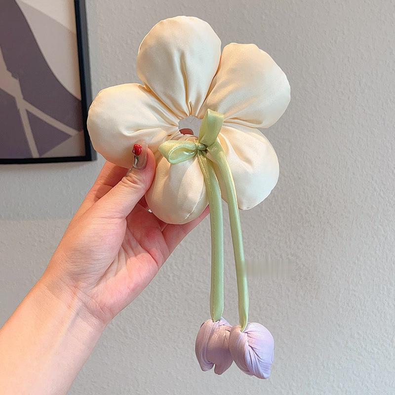 Sweet Gentle Women Tulip Flowers Ribbons Hair Scrunchies Fairy Bowknot Streamers Hair Ribbons Ponytail Holder Hair Accessories