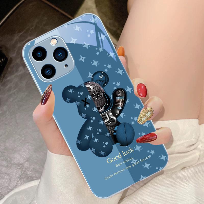Brown Machine Bear For IPhone 16 Pro Max 15 Pro 14 13 12 Mini 11 XS Max XR 7 8 Plu SE 2022 Tempered Glass Phone Case