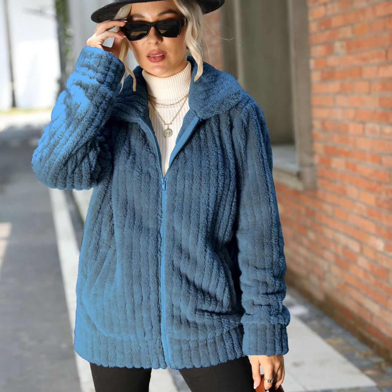 

Женская плюшевая куртка, повседневное модное теплое пальто, однотонное пальто на молнии средней длины, двустороннее XL синий