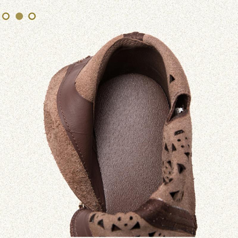 Johnature Pointed Toe Pumps Breathable Hollow Boot Genuine Leather Retro Mid Heel Women's Shoes