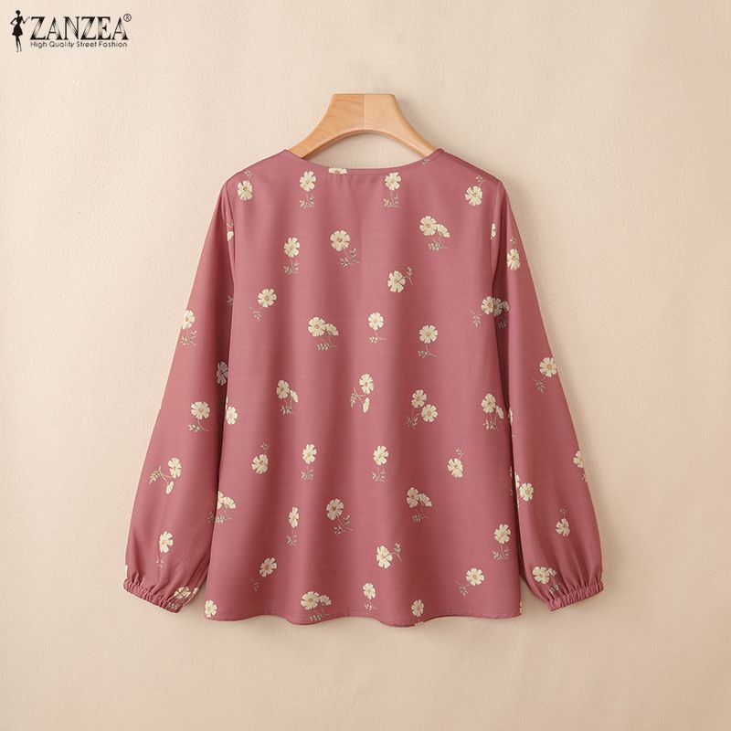 ZANZEA Women Casual Round Neck Floral Print Loose Long Sleeve Blouse
