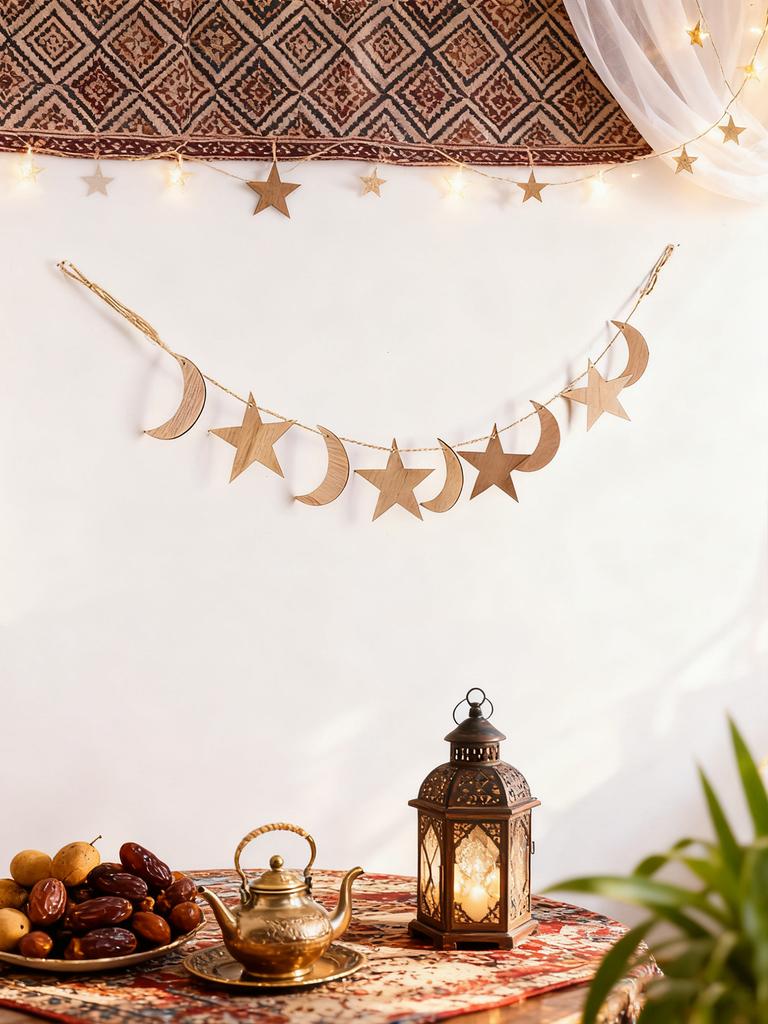 Ramadan Kareem Wood Moon Star Garland Islamic Lantern Hanging Banner Decor Home Party Wall Window Decoration Muslim Holiday Gift