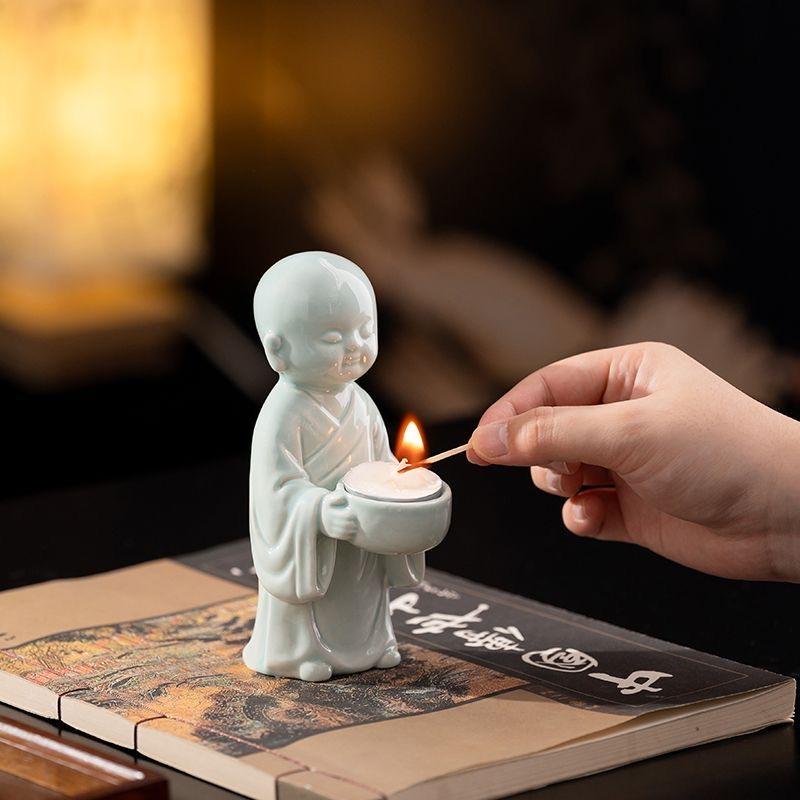 Portacandele Monachino Zen in Ceramica Carino, Statuetta Decorativa Arredamento per la Casa