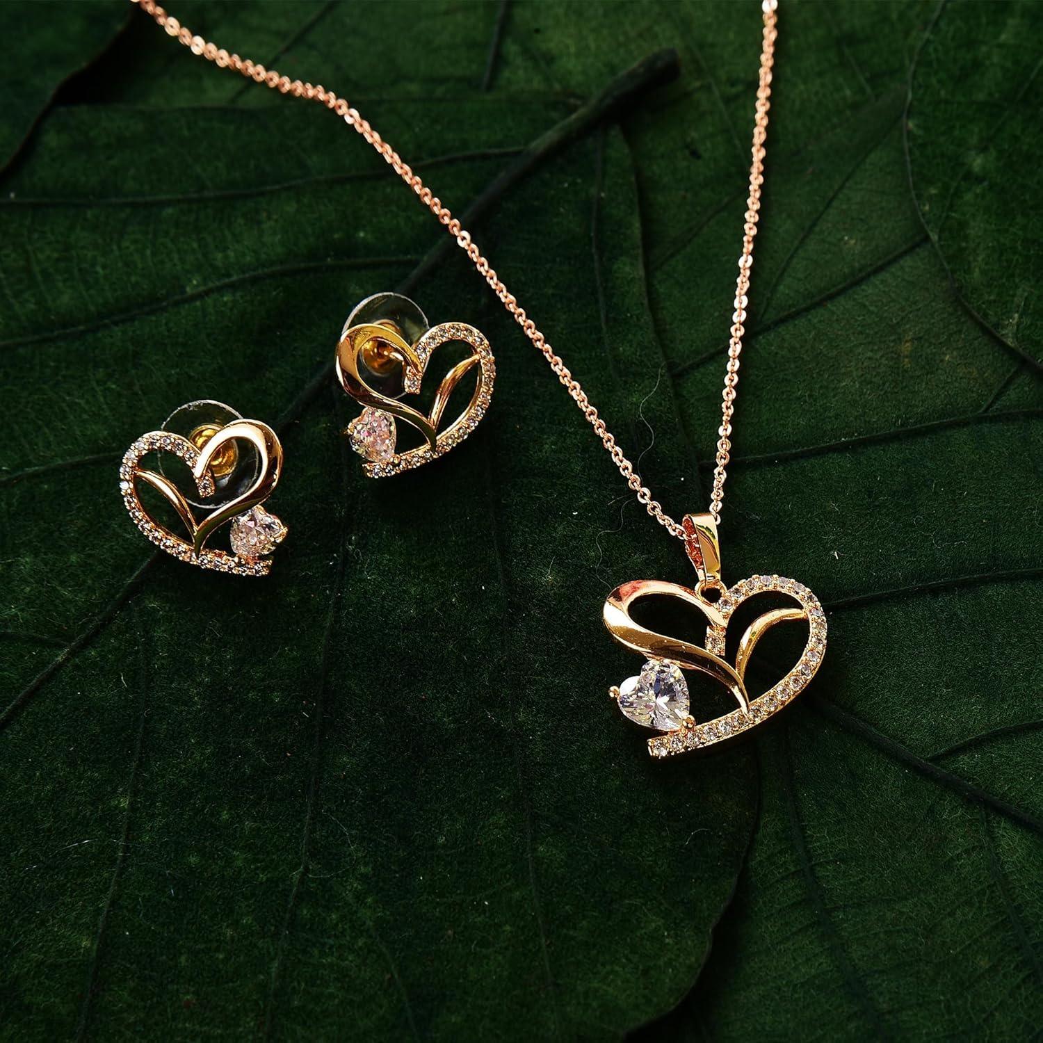 

American Diamond Rose Gold Plated Love Shaped Pendant Necklace Set with Chain & Stud Earring for Girls and Women Onesize