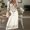 Women V-neck Dress Bohemian V Neck Maxi Dress with Ethnic Print Long Sleeves for Women Soft Breathable Ankle Length A-line