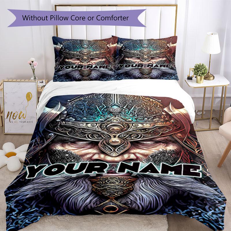 3pcs Custom Name Warrior Fantasy Art Bedding Set Printed Bedding Set Duvet Cover Closure Includes 1 Duvet Cover & 2 Pillowcases Bedroom Decor