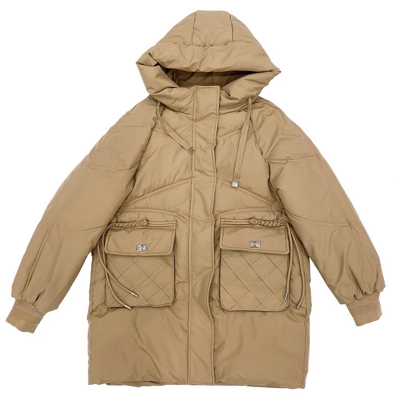 Women's Hooded Mid-Length Down Jacket with Pineapple Pocket - Loose Fit, Thick, Cold-Proof Winter Coat