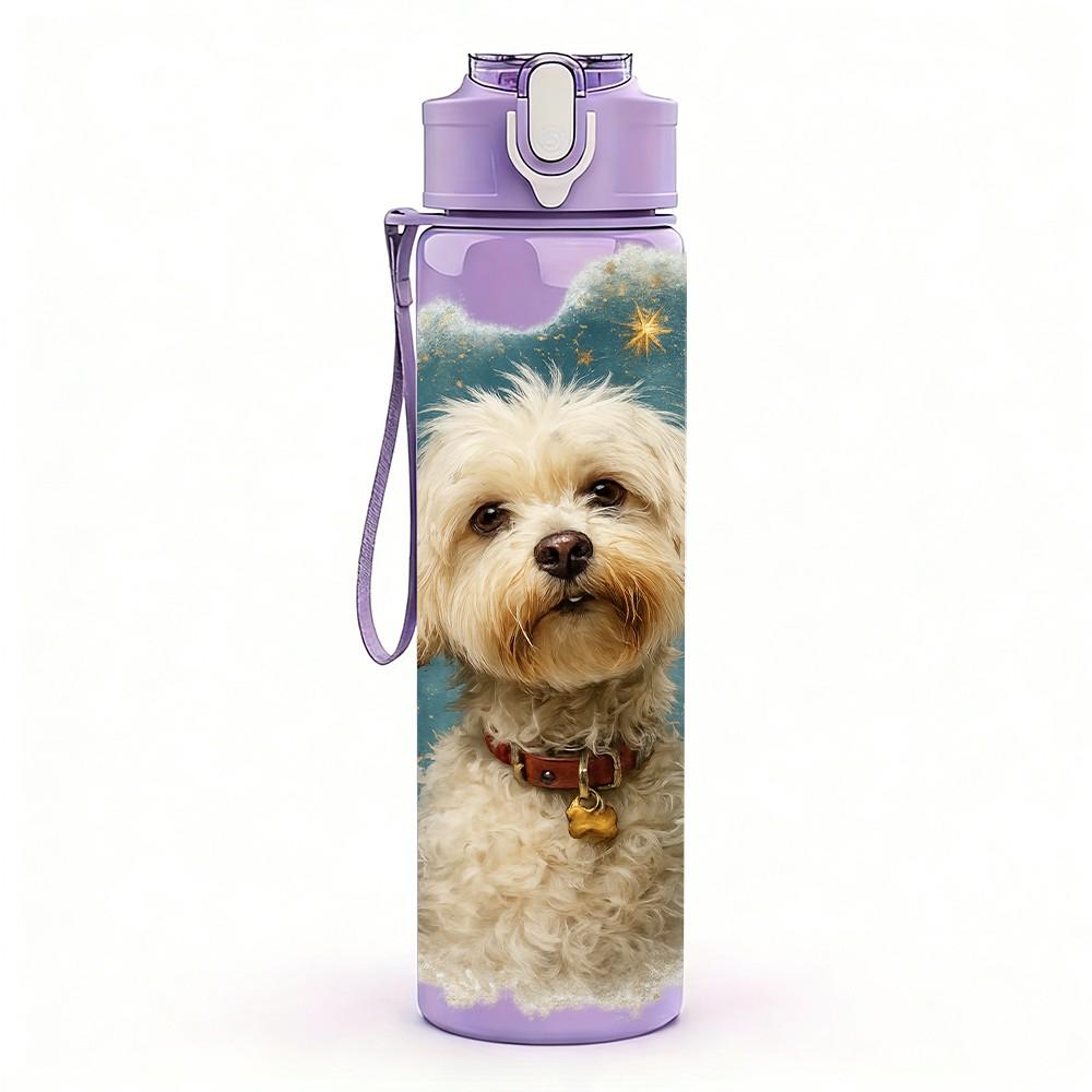 1PC Fluffy White Puppy Dog Portrait Print 750ml Color Plastic Sports Water Bottle Leakproof Flip Straw Lid Suitable for Sports Office Home Use