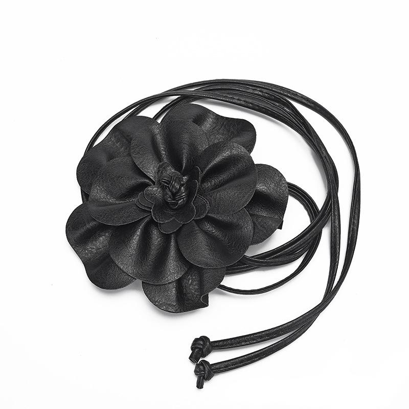 Bohemian Style PU Leather Floral Waist Tie Belt with Bow