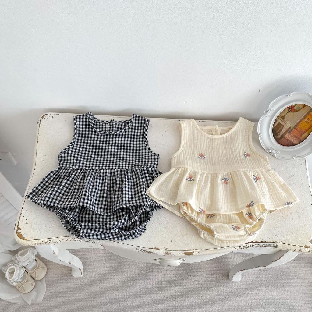 Baby Girl Summer Sleeveless Embroidered Plaid Top and Loose Shorts Set