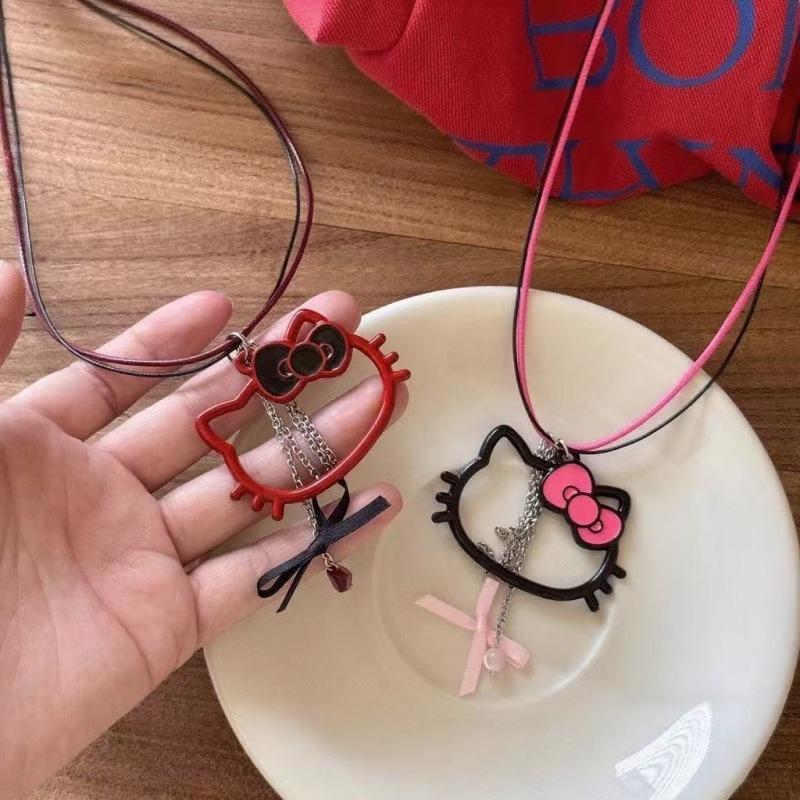Wax Rope Bow Kitten Pendant Necklace Sweet Versatile Collarbone Chain Simple Fashion High Sense Jewelry Women