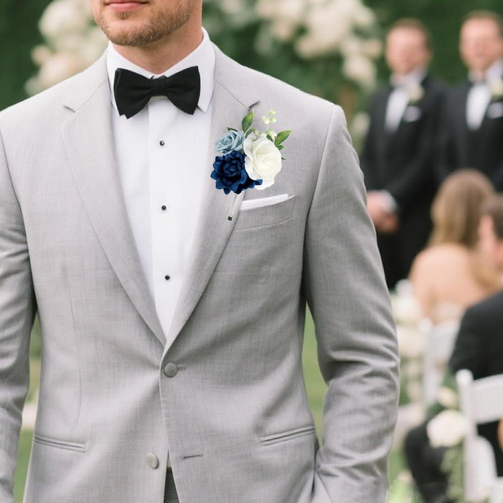 4PCS Navy Blue Rose Boutonniere for Wedding, Artificial Flowers Groom Groomsman for Wedding Anniversary Celebration, Prom, Party, Home Decoration