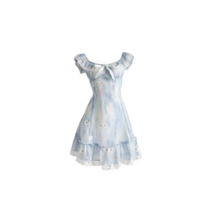 College style lace splicing tutu dress women s summer new small men wear bow short floral dress S