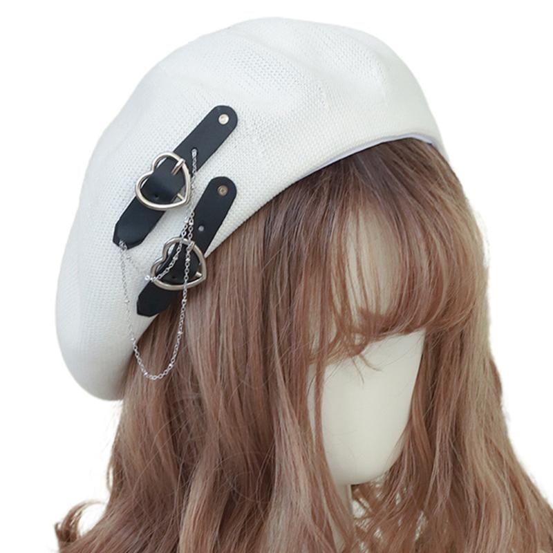 Lolita Girls Heart Buckle Beanie JK Hat Sweet Cool Hair Accessories Fashion Beret Breathable Preppy Style Lolita Hat