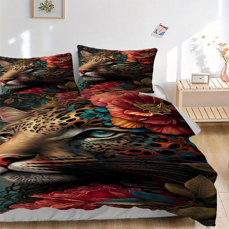 3pcs Leopard Floral Print Duvet Cover Set -Includes 1 Duvet Cover and 2 Pillowcases, No Quilt Core, All-Season Home Decor  Yy251111164