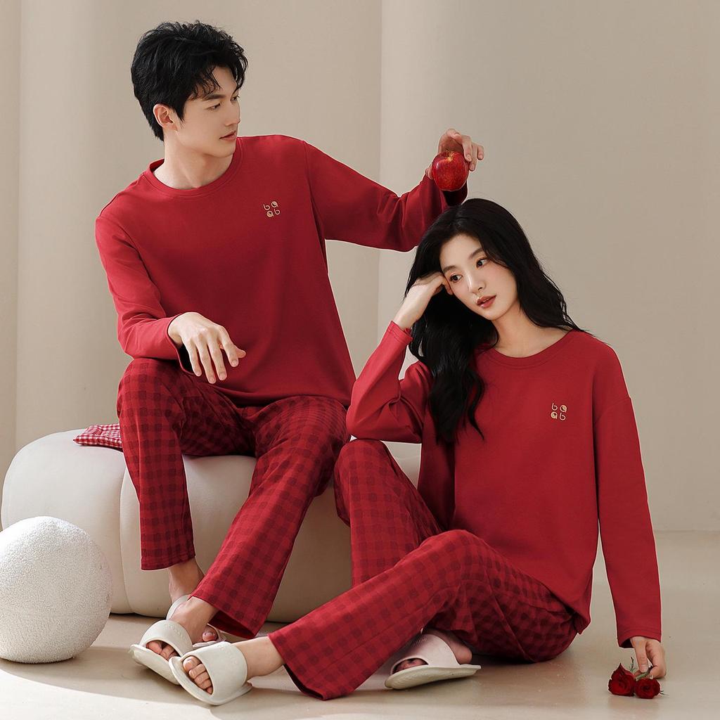 Wine Red Wedding Couple's Pajamas Set, Year of the Rat Festive Long Sleeve, Pure Cotton.