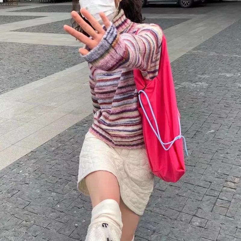Japonský Y2k rolák Vintage duhově pruhovaný pulovr Korejská móda Pletený svetr Harajuku Grunge Pletenina