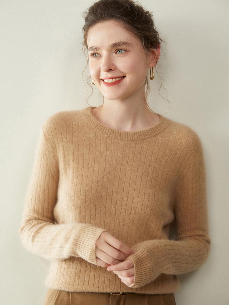 Women's Light Luxury Cashmere Sweater - Autumn/Winter Cable Knit, Round Neck, Slimming Fit, Long Sleeve.